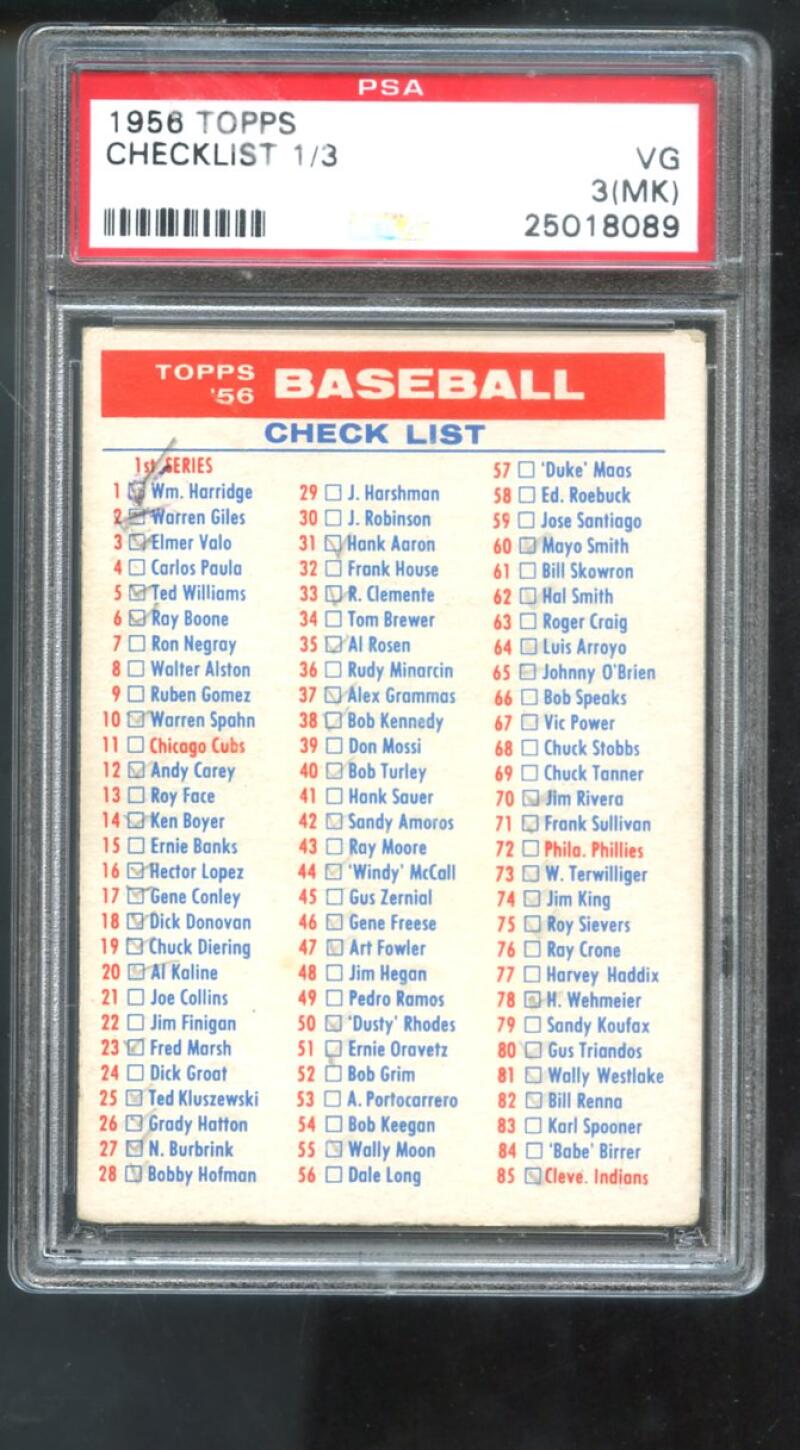 1956 Topps Checklist 1/3 1st 3rd Series PSA 3 (MK) Graded Baseball Card MLB