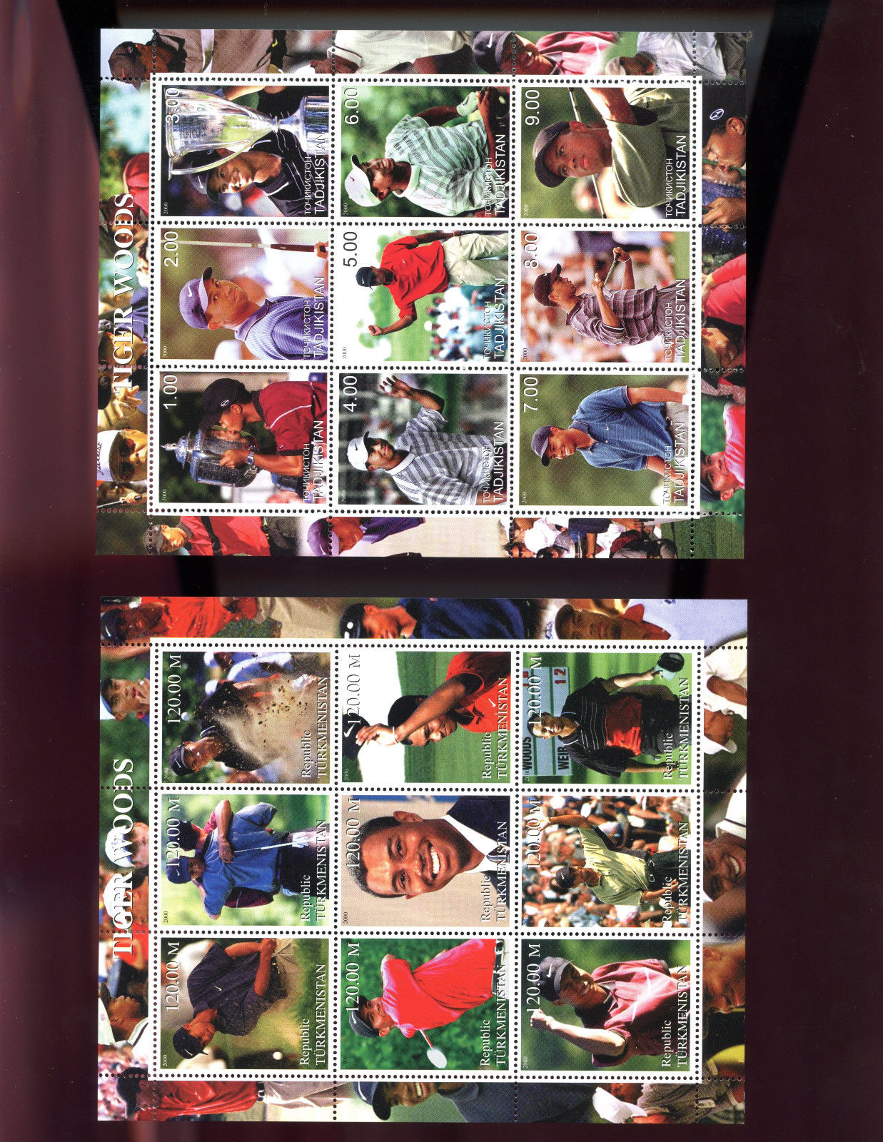 2 2000 Tiger Woods Tadjikistan AND Turkmenistan Golf Uncut Postage Stamp Sheet